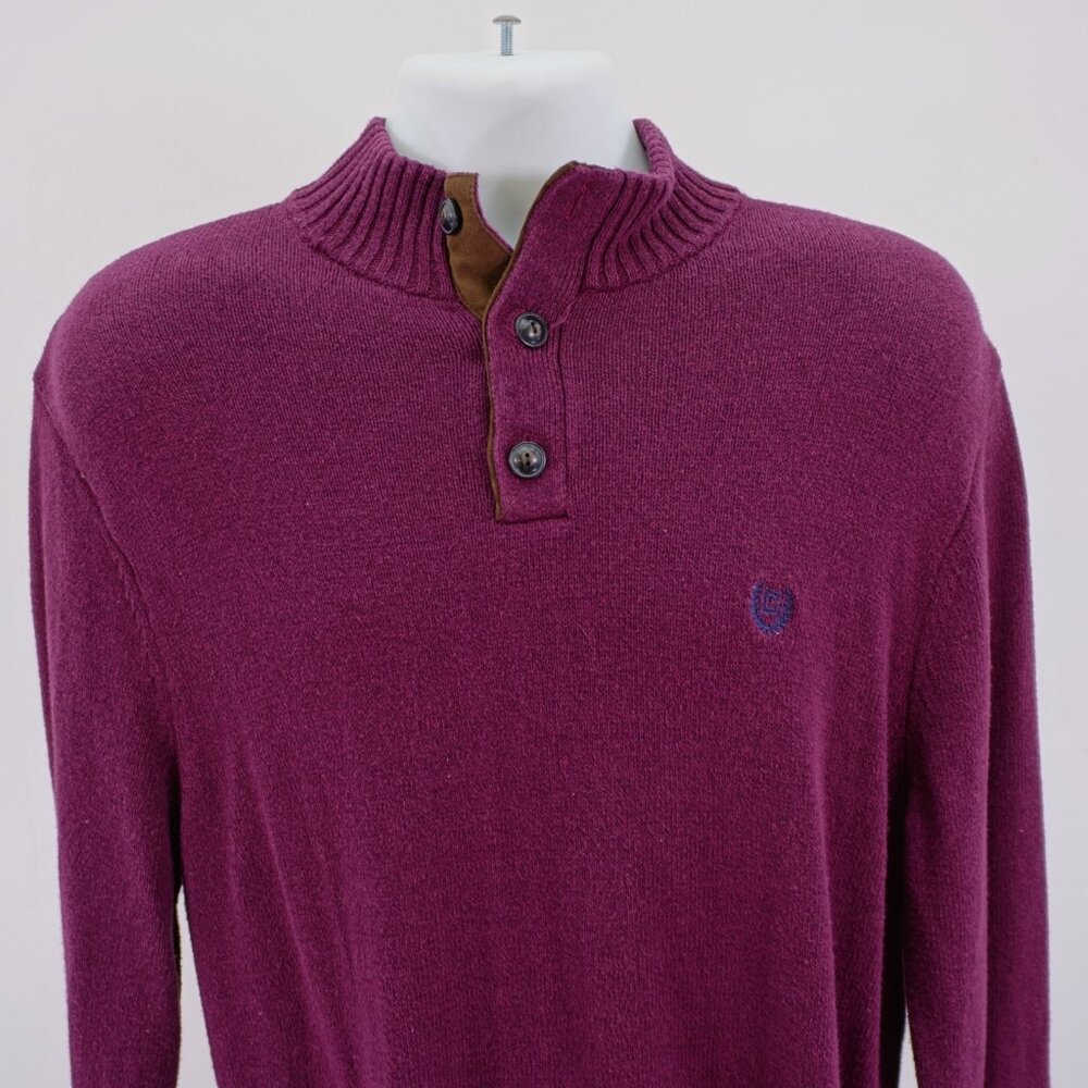 Chaps Purple Ribbed Mock Neck Thick Henley Knit Cotton Sweater Large Elbow Patch